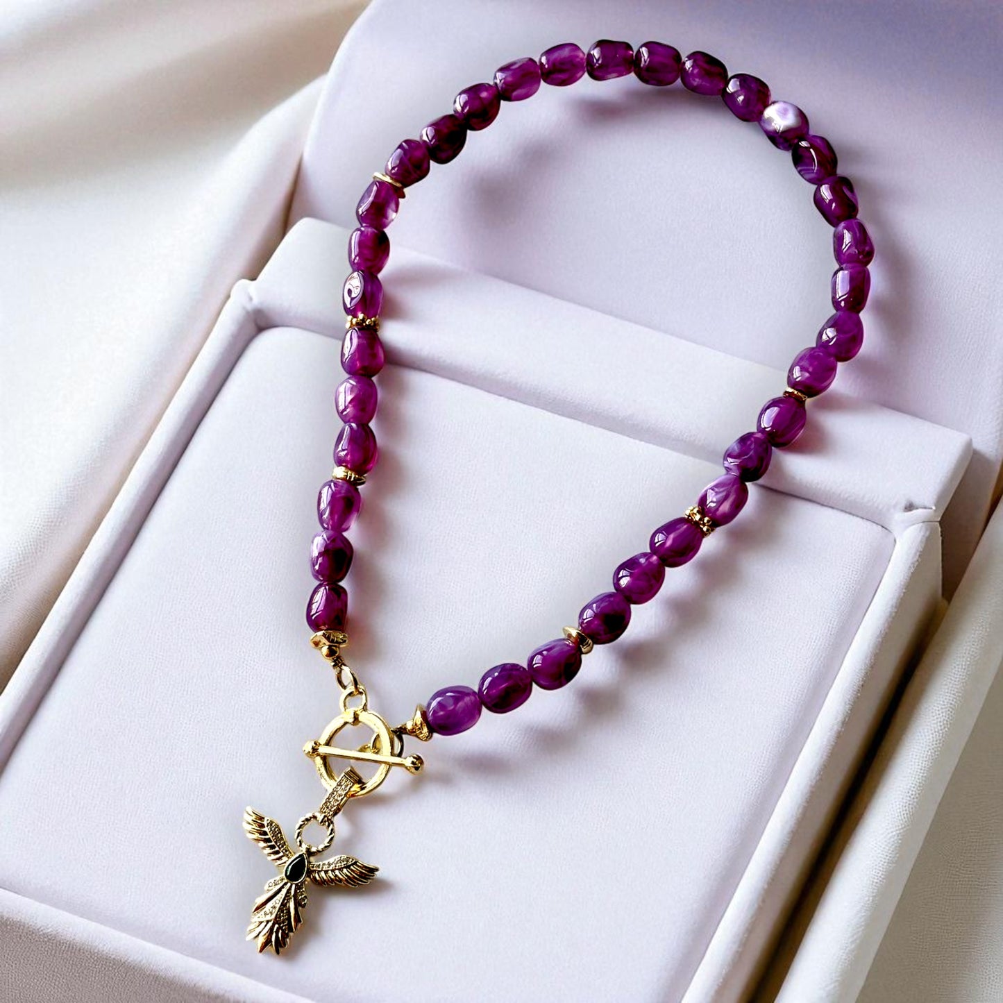 Handmade Gold Plated Purple Gemstone Layered Necklace Set with Gold Charms, Made in Turkiye