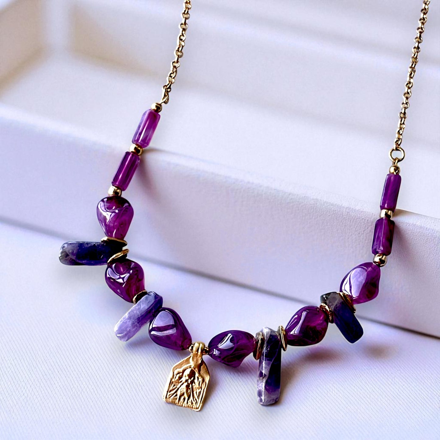 Handmade Gold Plated Purple Gemstone Layered Necklace Set with Gold Charms, Made in Turkiye