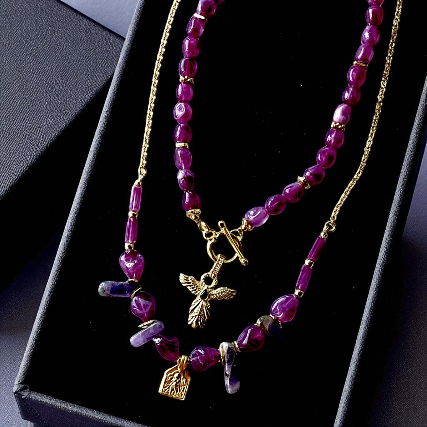 Handmade Gold Plated Purple Gemstone Layered Necklace Set with Gold Charms, Made in Turkiye