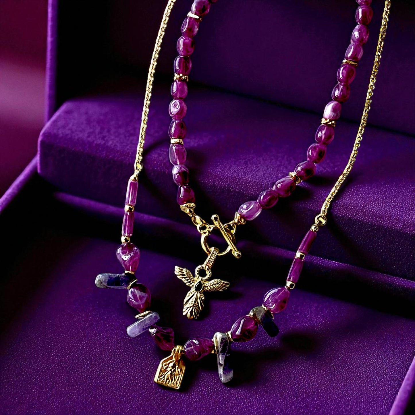 Handmade Gold Plated Purple Gemstone Layered Necklace Set with Gold Charms, Made in Turkiye