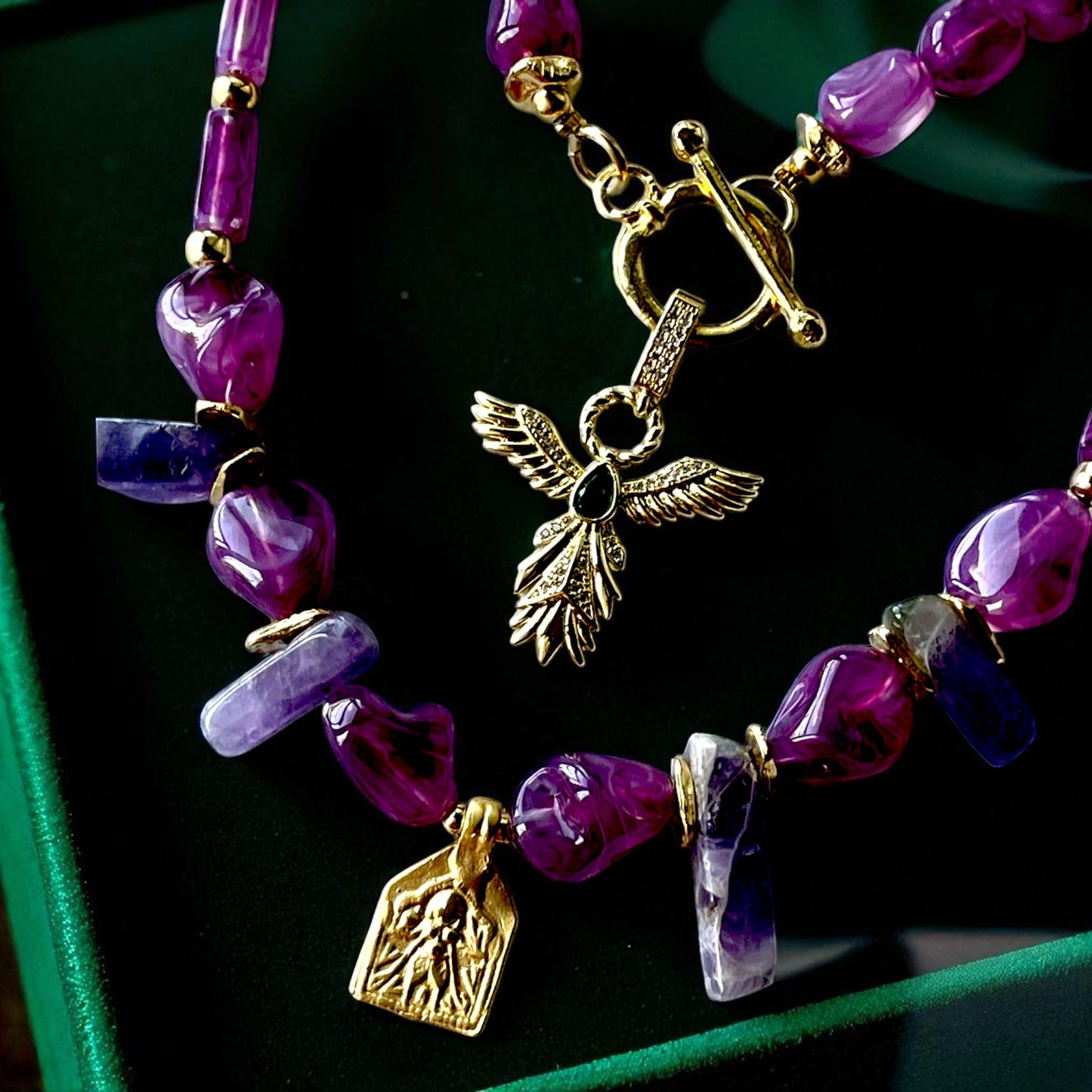Handmade Gold Plated Purple Gemstone Layered Necklace Set with Gold Charms, Made in Turkiye