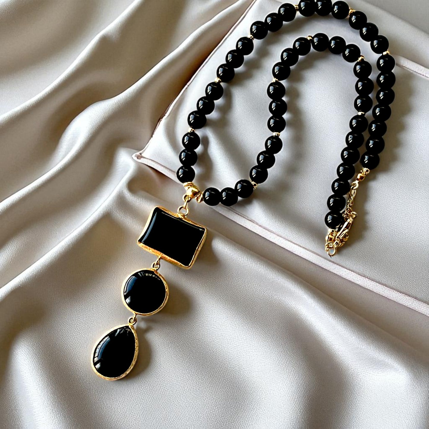 Gold Plated Black Stone Beads Necklace with Geometric Pendant, Made in Turkiye