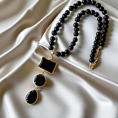 Gold Plated Black Stone Beads Necklace with Geometric Pendant, Made in Turkiye
