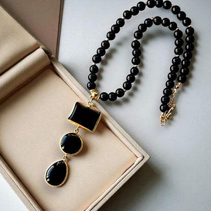 Gold Plated Black Stone Beads Necklace with Geometric Pendant, Made in Turkiye