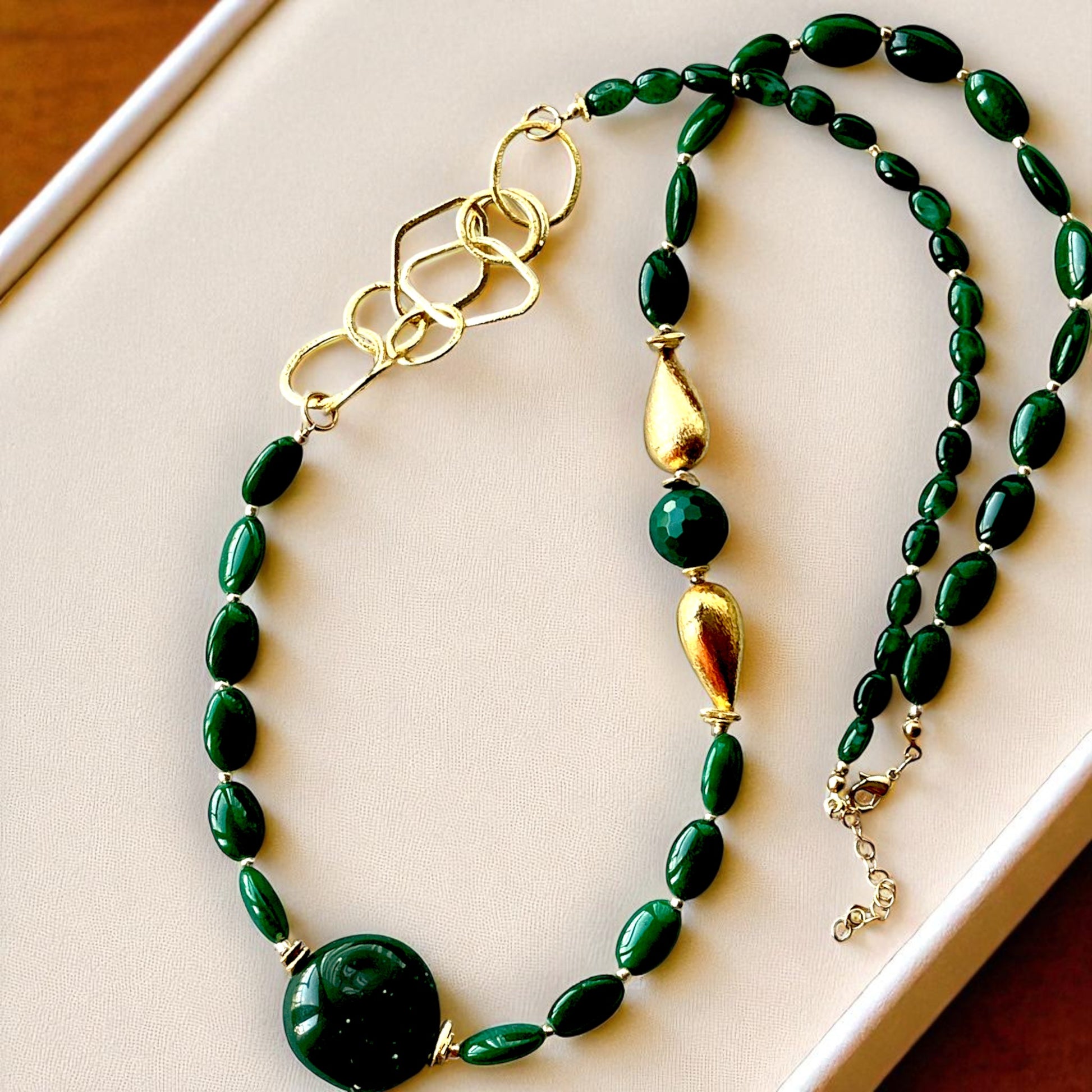 Elegant Green Malachite Beaded Necklace with Gold Accents – Statement Luxury Jewelry - Glam Duchess