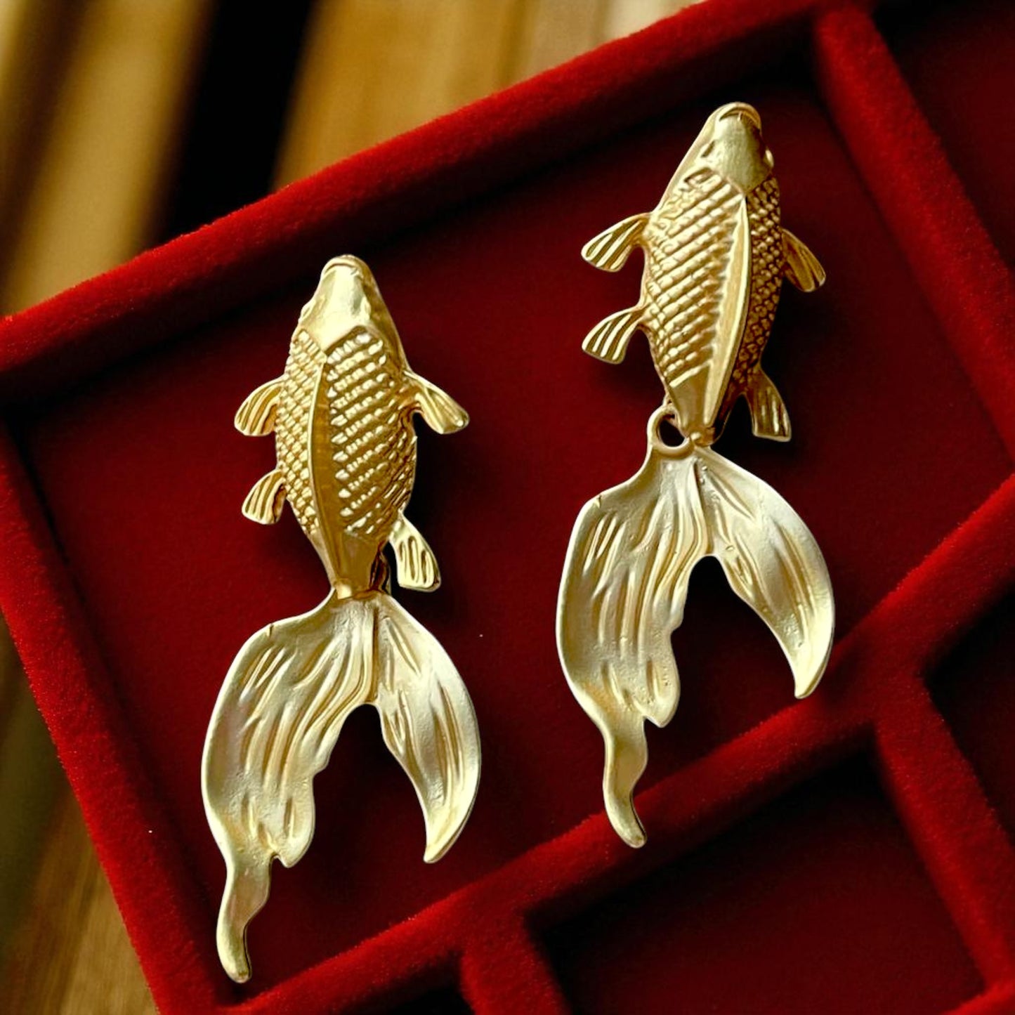 Gold Plated Koi Fish Statement Earrings, Made in Turkiye