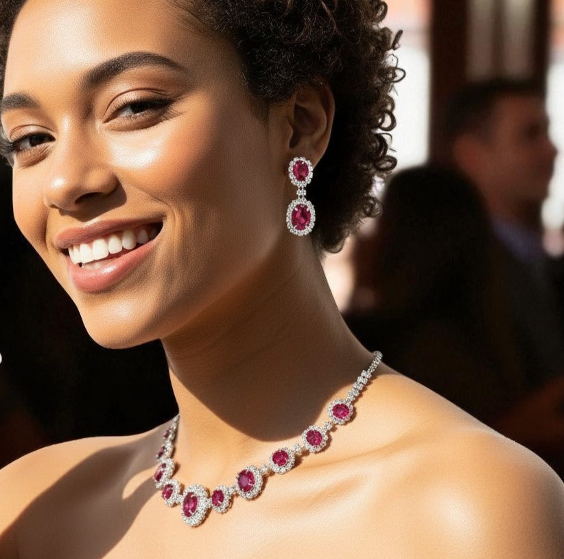 Hot Pink Fuchsia Rhinestone Necklace and Earring Set - Glam Duchess