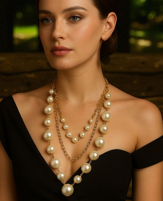 Handmade Gold Plated Long Layered Pearl Necklace, Handmade In Turkey - Glam Duchess