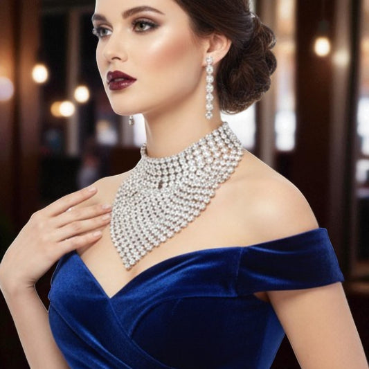 Chunky Luxury Statement Rhinestone Choker Necklace & Long Drop Earrings Set