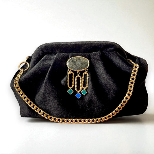 Velvet Black Evening Clutch with Gold Chain & Gemstone Accent