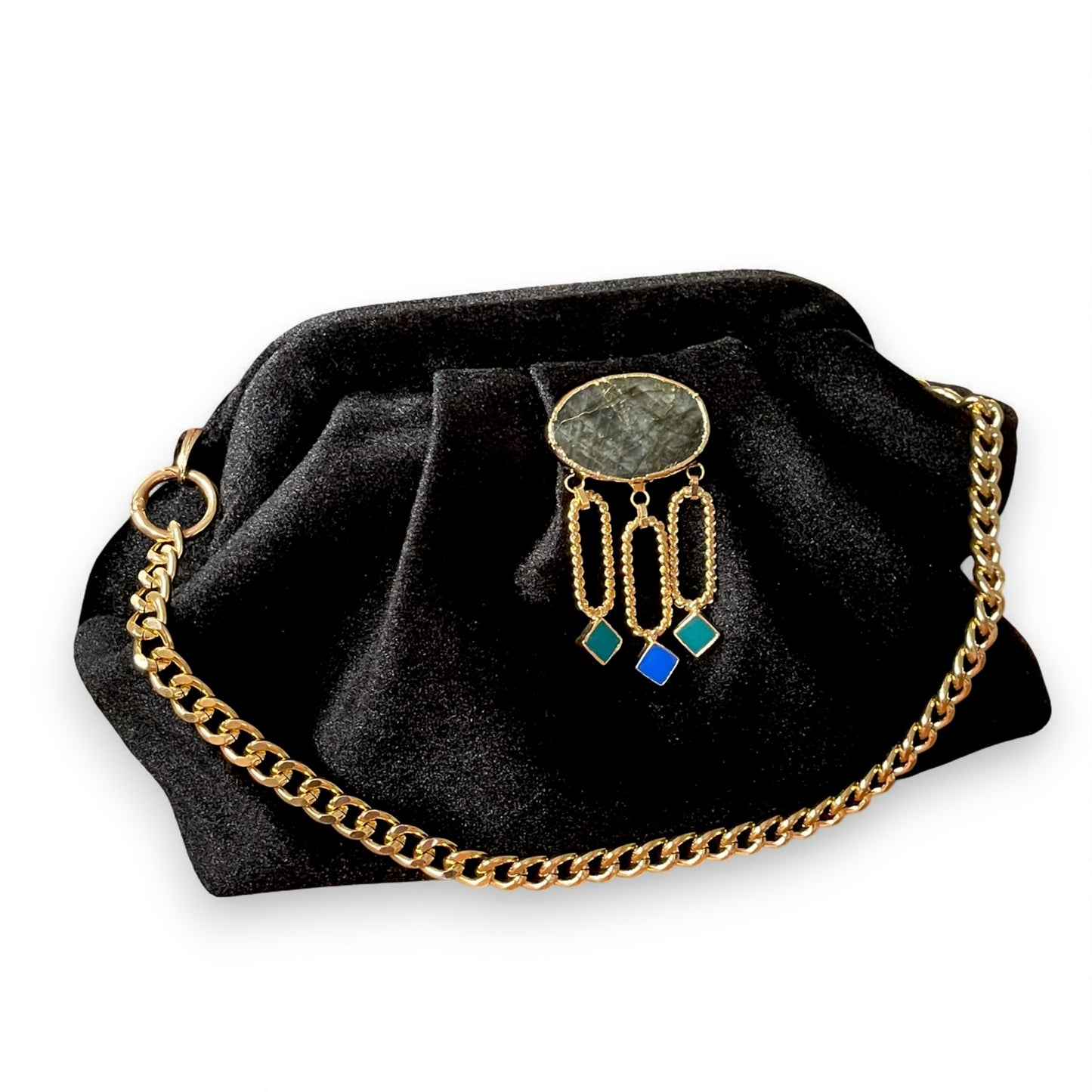 Velvet Black Evening Clutch with Gold Chain & Gemstone Accent