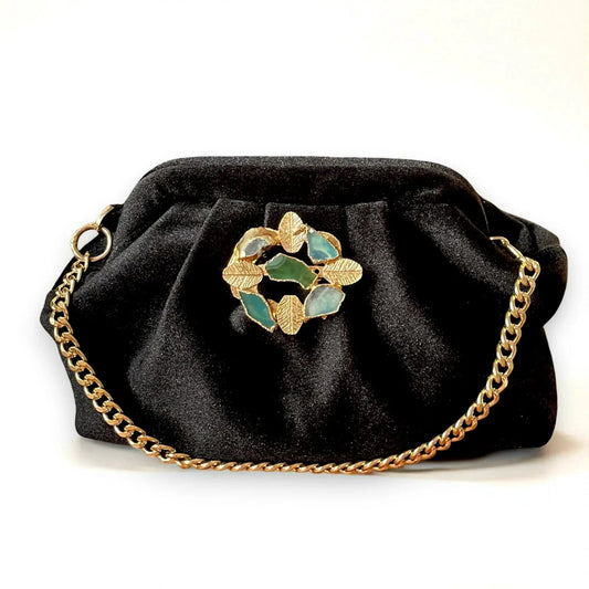 Black Velvet Clutch – Elegant Evening Bag with Gold Leaf & Green Stone Accent by Glam Duchess (velvet-black-evening-clutch-with-gold-chain-gemstone-accent)