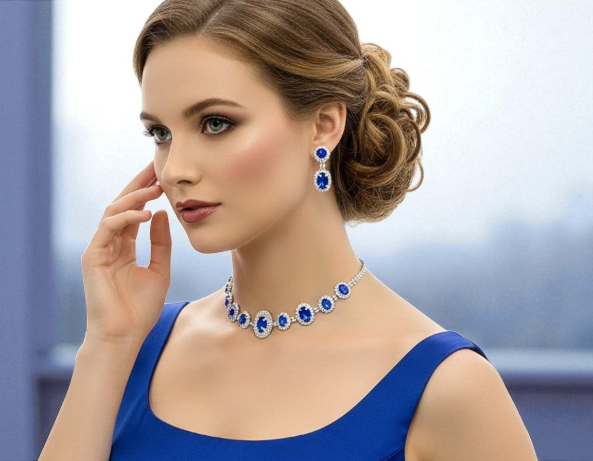 Royal Blue Rhinestone Necklace and Earring Set - Glam Duchess
