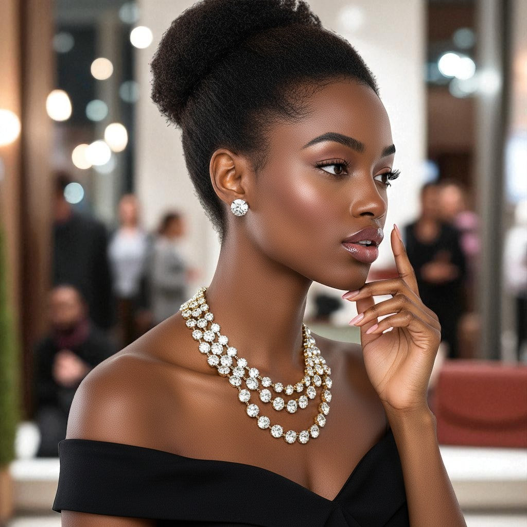 Triple Layer Crystal Statement Gold Rhinestone Necklace & Stud Earrings Set - Glam Duchess