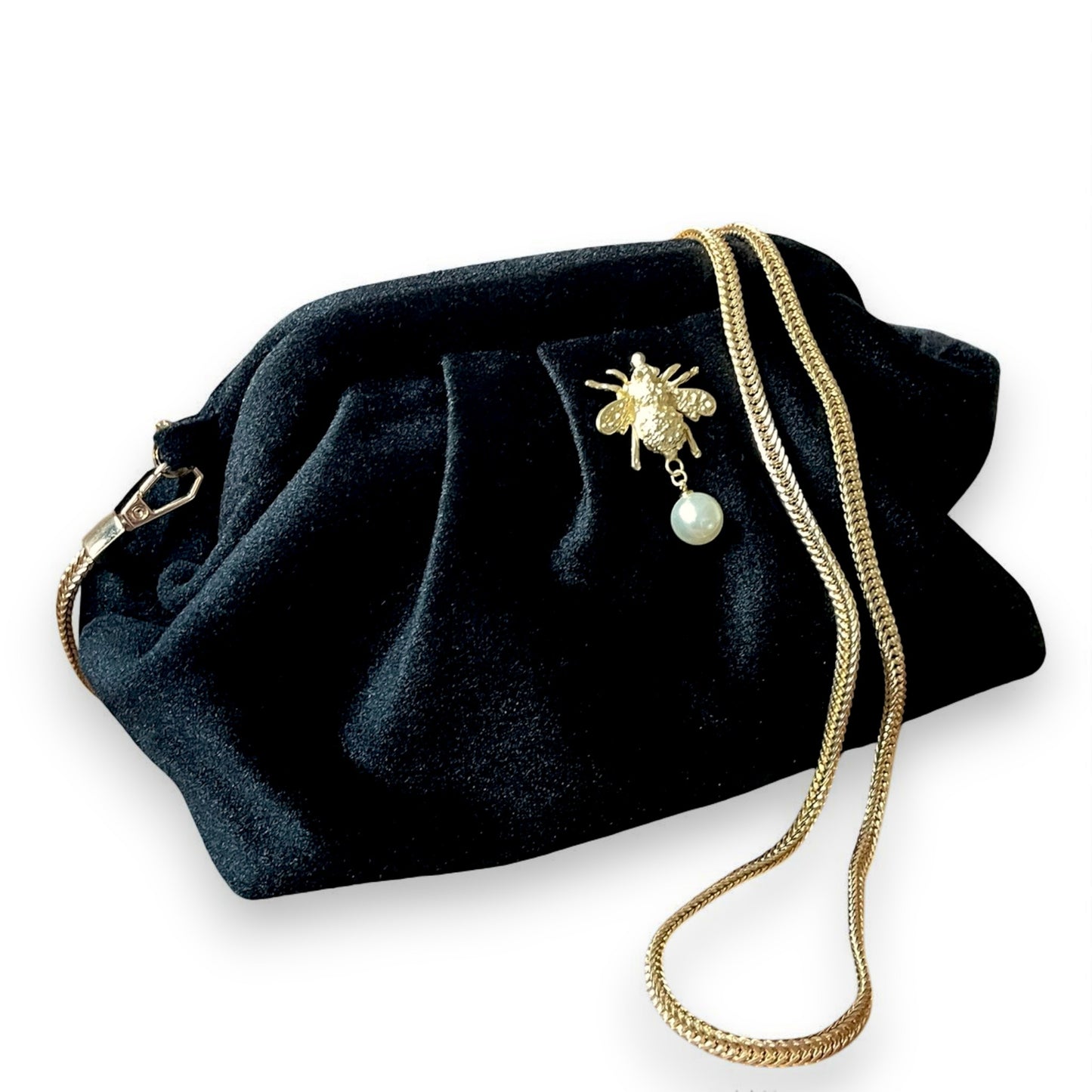 Black Velvet Clutch with Gold Bee & Pearl Accent, Chain Strap