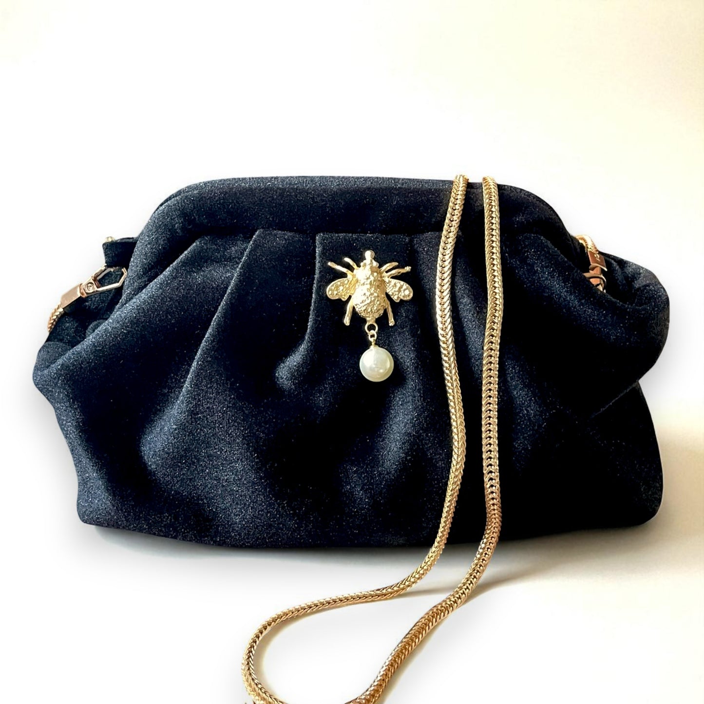 Black Velvet Clutch with Gold Bee & Pearl Accent, Chain Strap