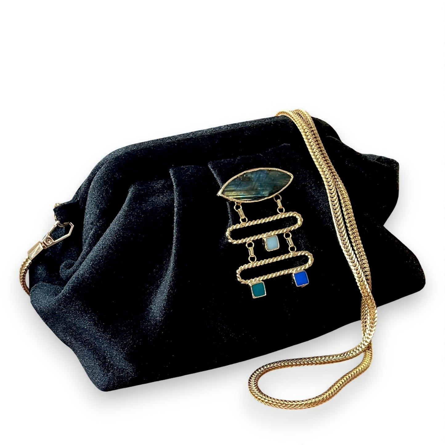 Velvet Black Evening Clutch with Gold Chain & Gemstone Accent