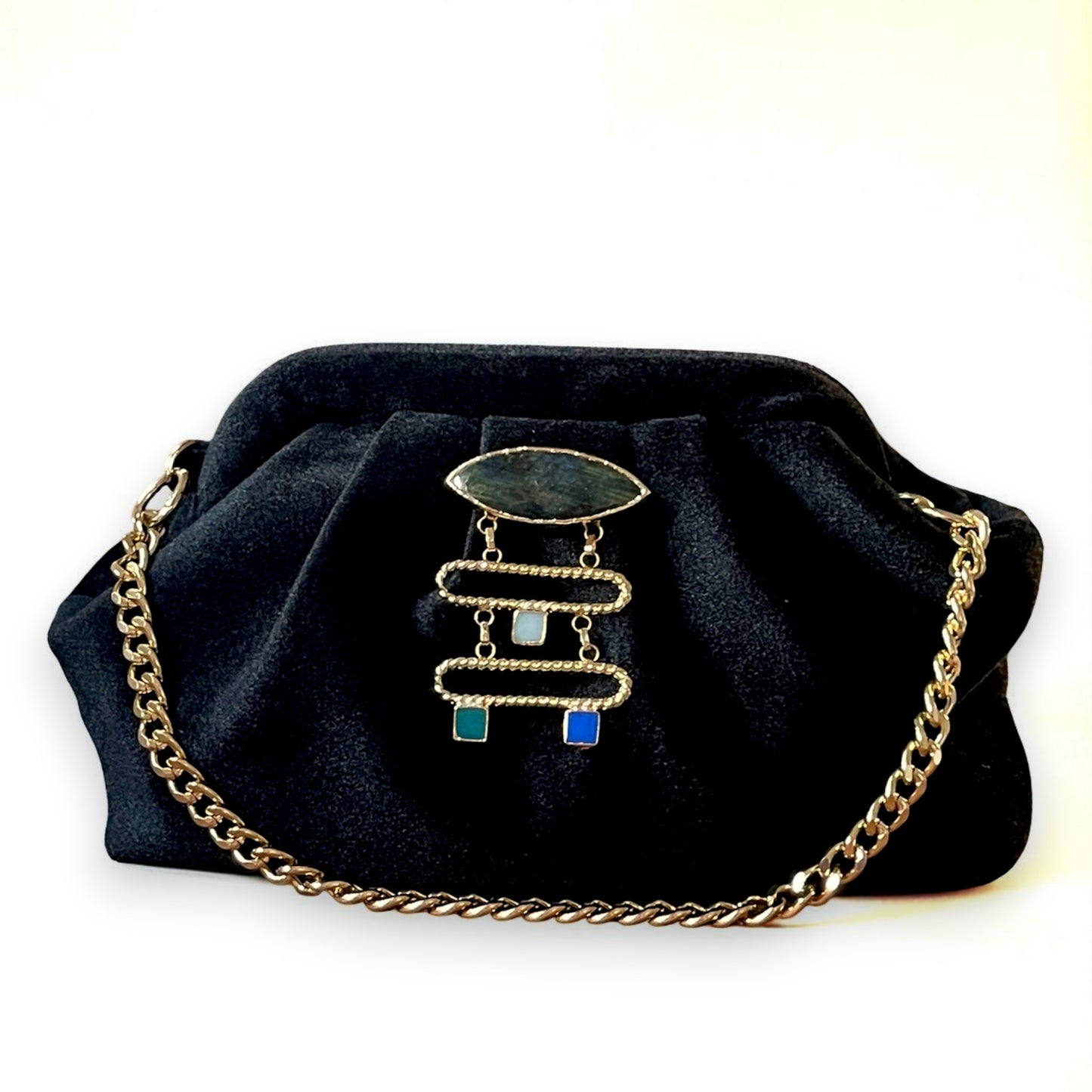 Velvet Black Evening Clutch with Gold Chain & Gemstone Accent