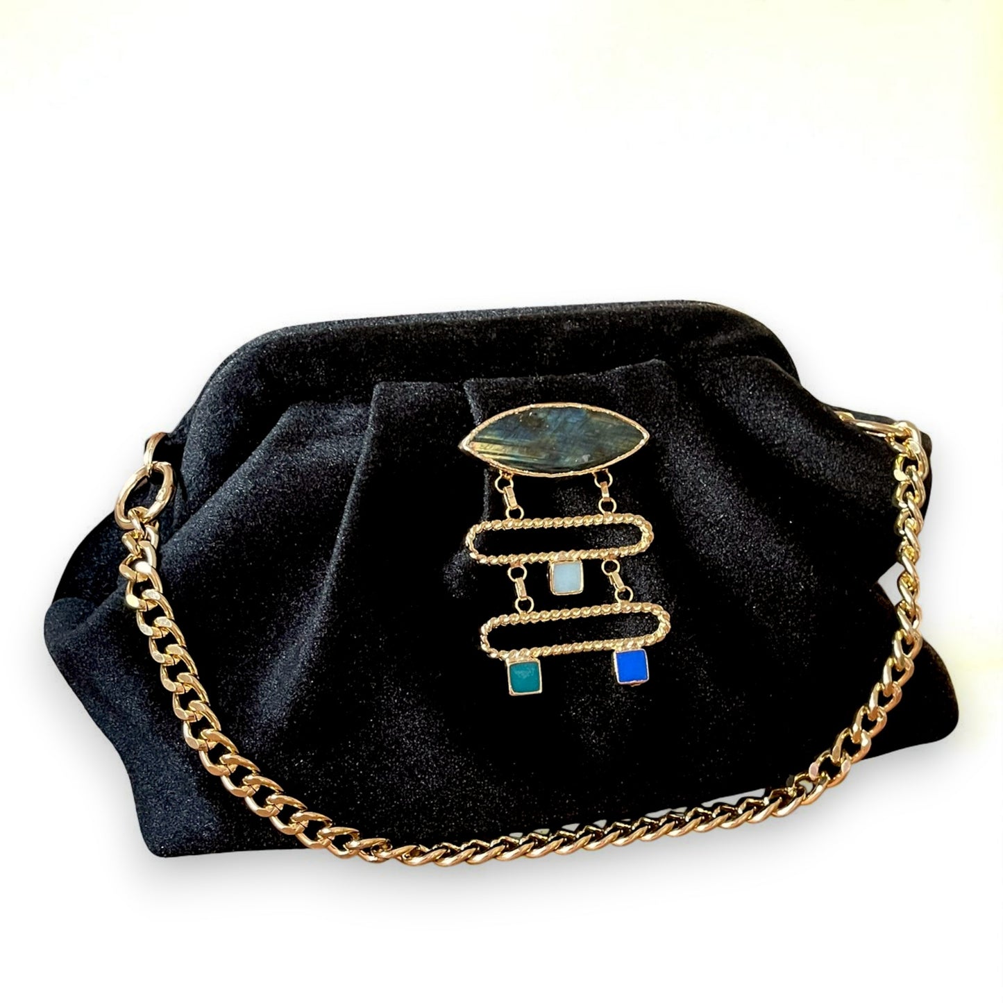 Velvet Black Evening Clutch with Gold Chain & Gemstone Accent