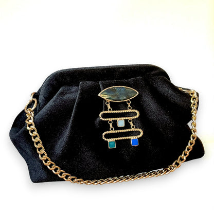 Velvet Black Evening Clutch with Gold Chain & Gemstone Accent