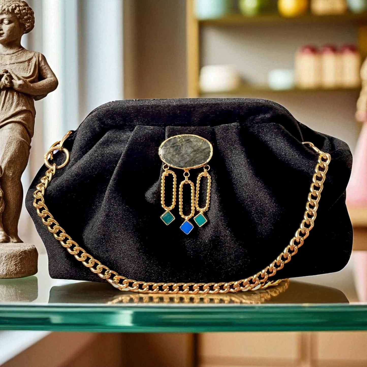 Velvet Black Evening Clutch with Gold Chain & Gemstone Accent