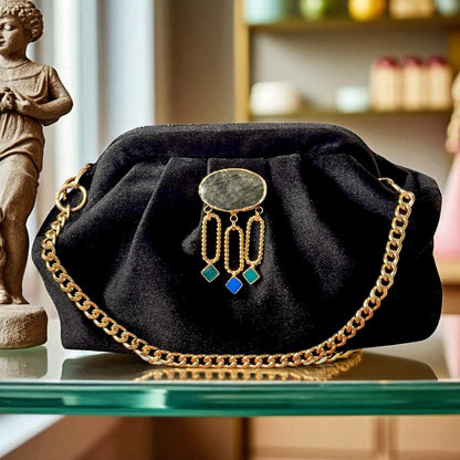 Velvet Black Evening Clutch with Gold Chain & Gemstone Accent