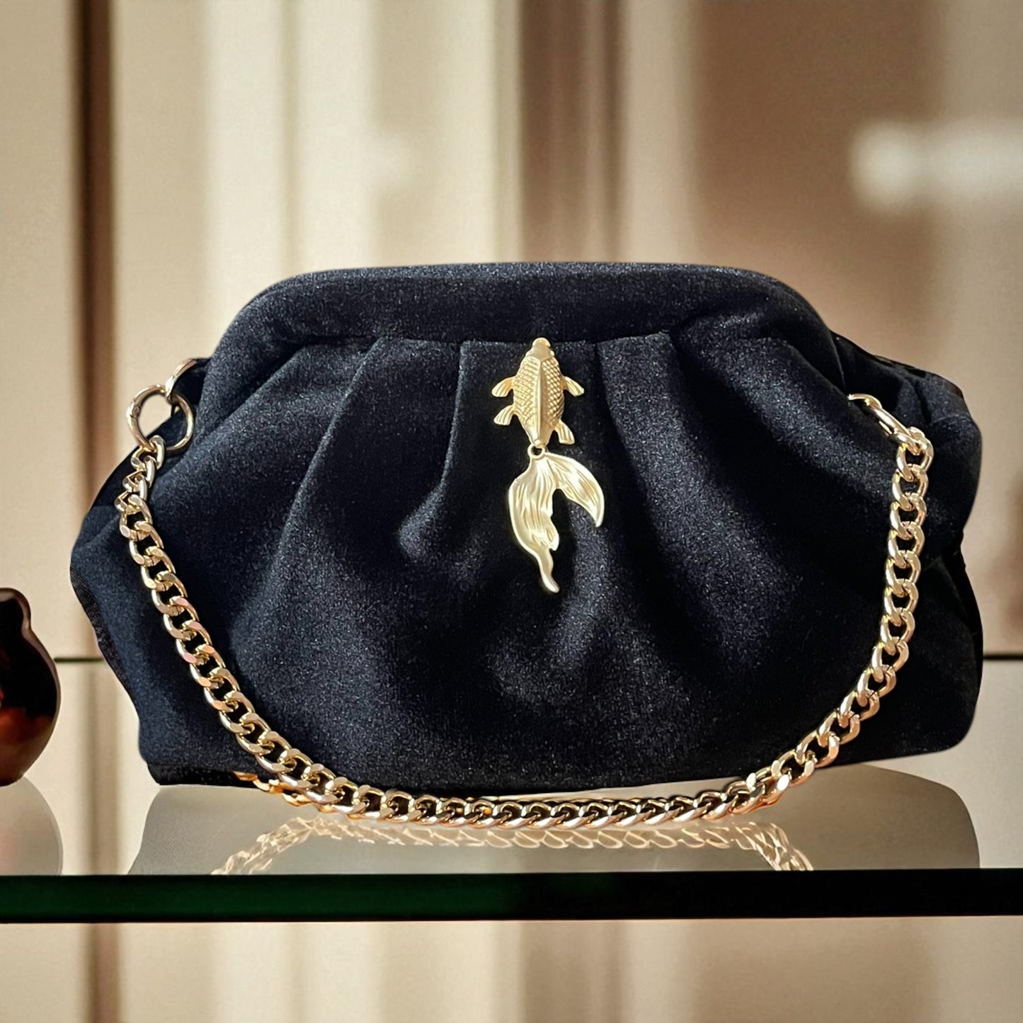 Black Velvet Clutch with Gold Fish Accent & Chain Strap