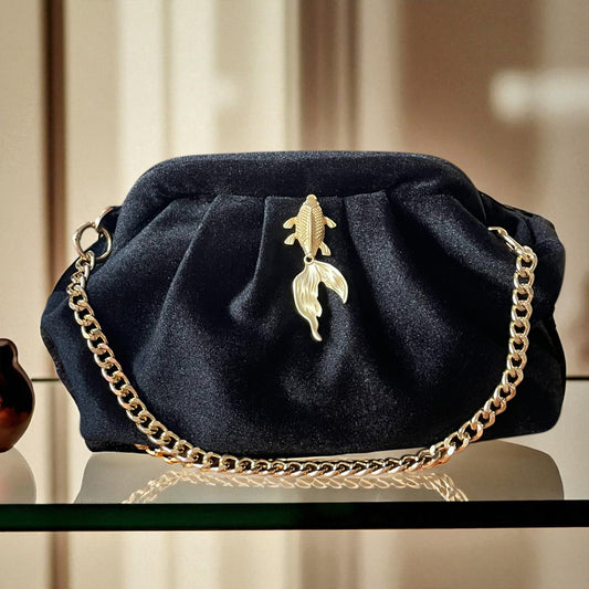 Black Velvet Clutch with Gold Fish Accent & Chain Strap