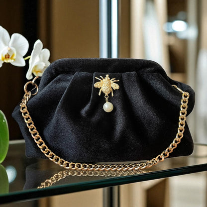Black Velvet Clutch with Gold Bee & Pearl Accent, Chain Strap