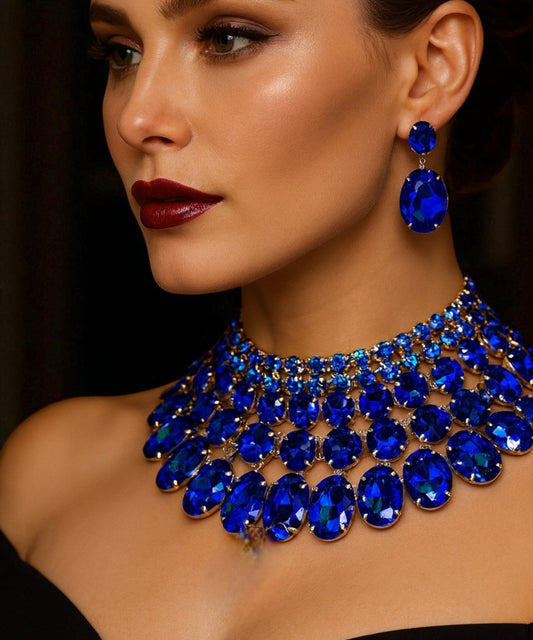 Chunky Blue Crystal Bib Necklace Statement Earrings Wedding Jewelry Set