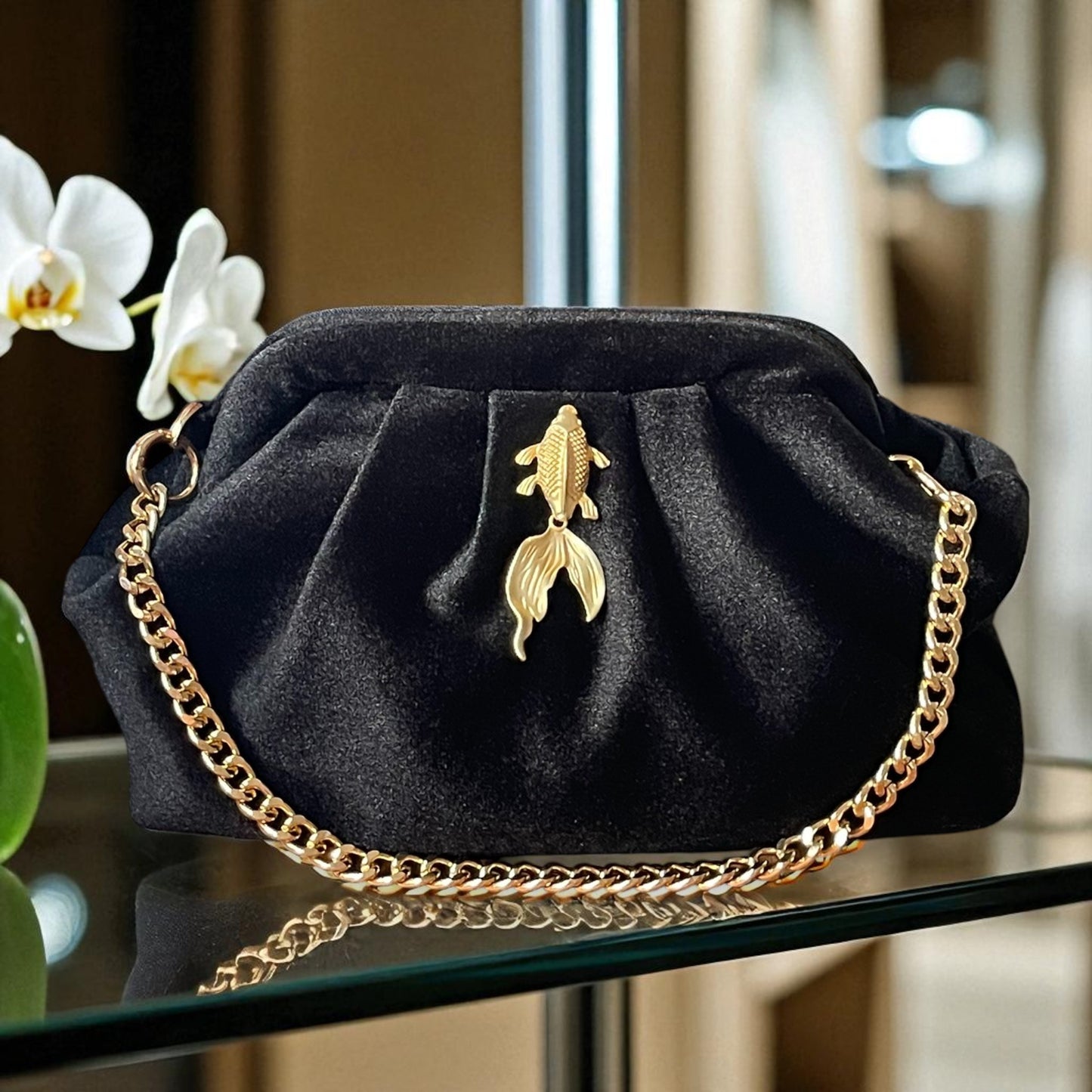 Black Velvet Clutch with Gold Fish Accent & Chain Strap