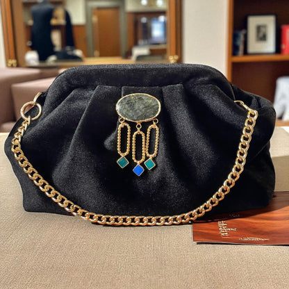 Velvet Black Evening Clutch with Gold Chain & Gemstone Accent