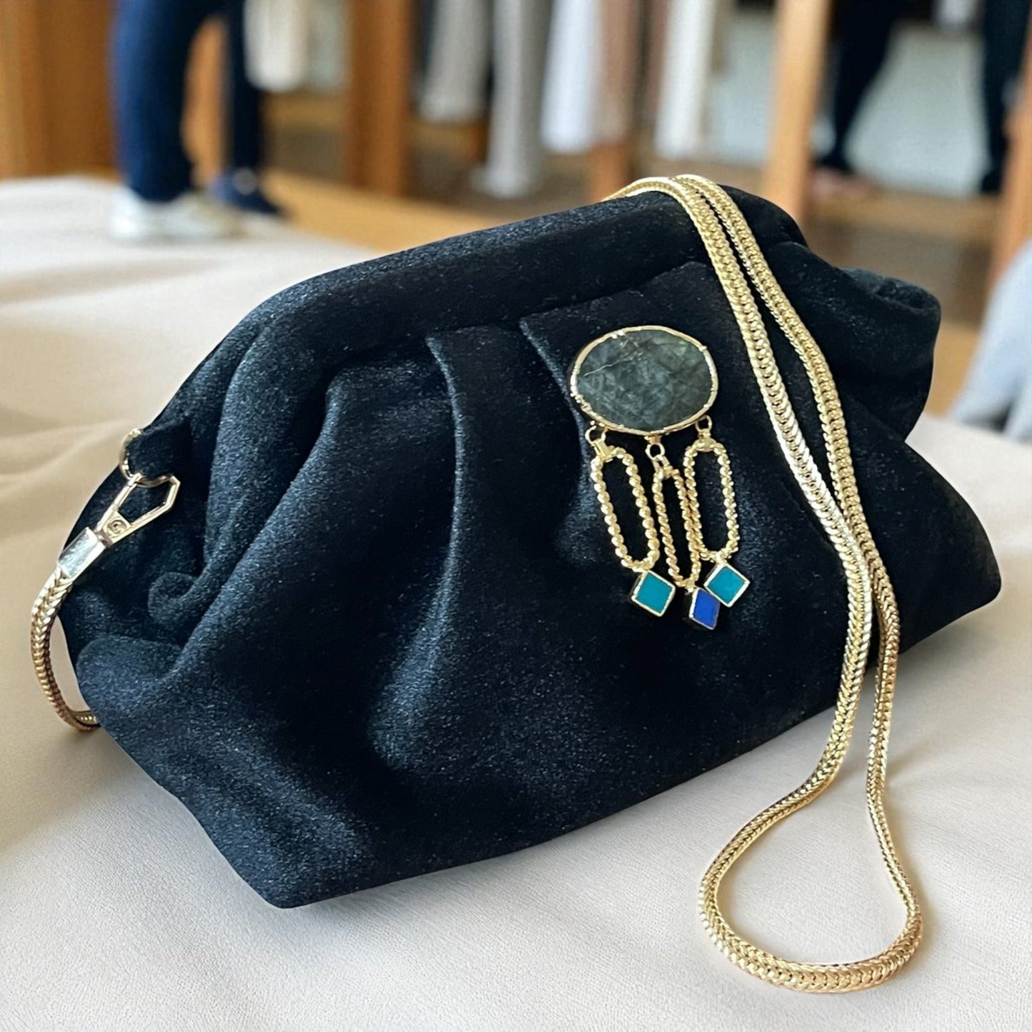 Velvet Black Evening Clutch with Gold Chain & Gemstone Accent