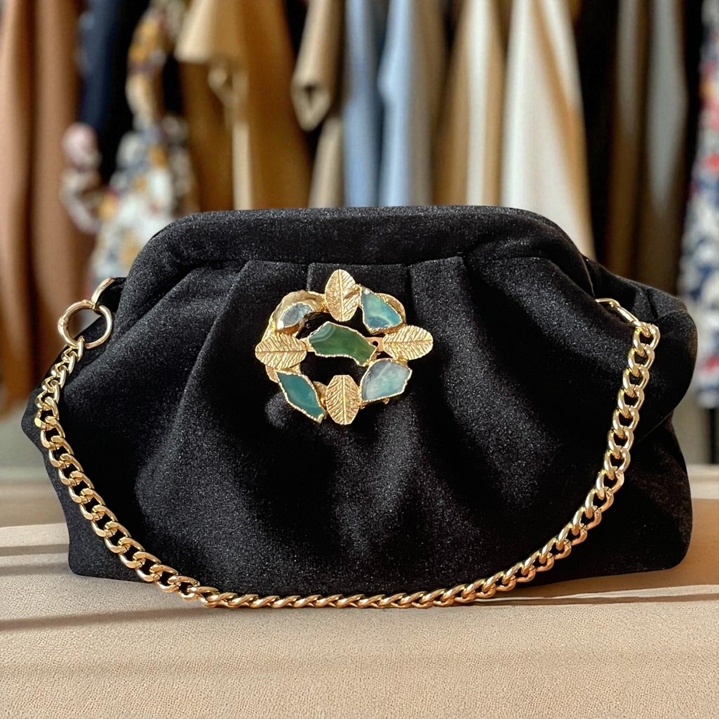 Black Velvet Evening Clutch with Gold Leaf & Green Stone Accent