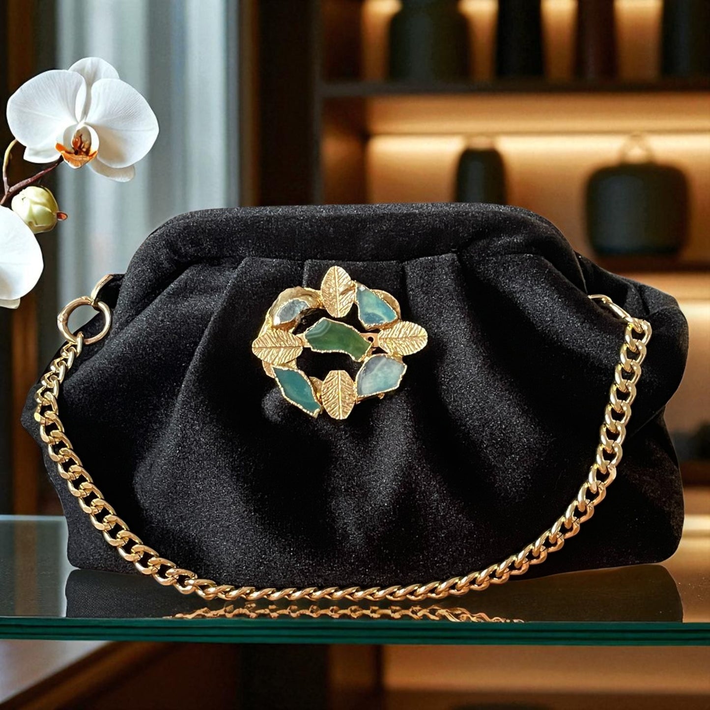 Black Velvet Evening Clutch with Gold Leaf & Green Stone Accent