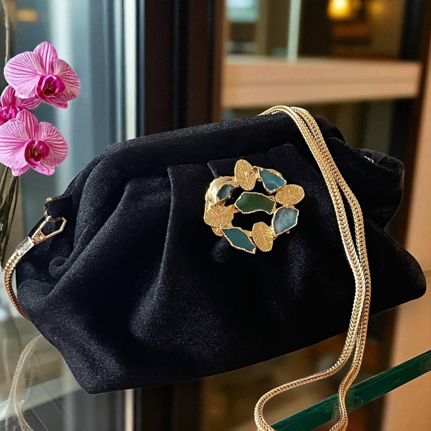 Black Velvet Evening Clutch with Gold Leaf & Green Stone Accent