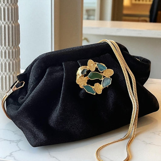 Black Velvet Evening Clutch with Gold Leaf & Green Stone Accent