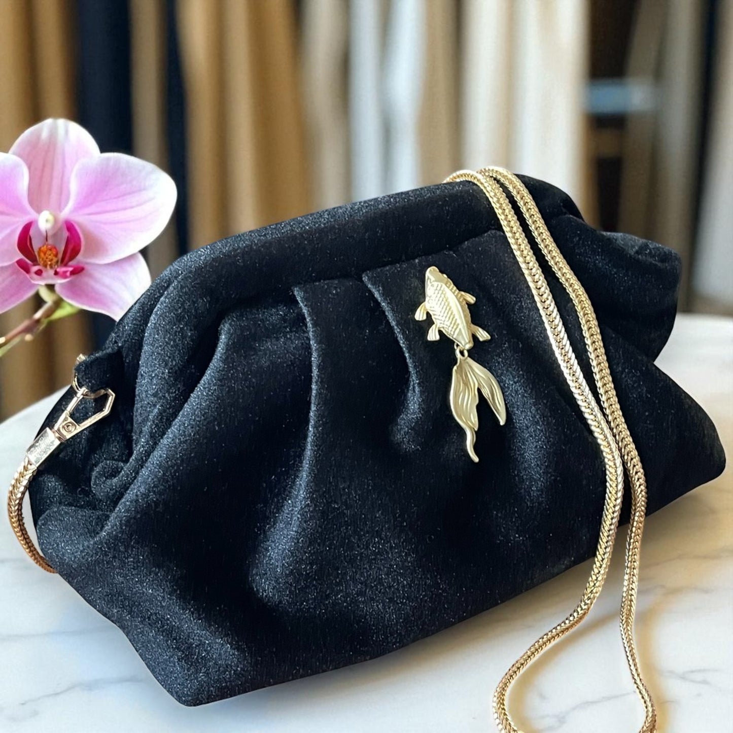 Black Velvet Clutch with Gold Fish Accent & Chain Strap