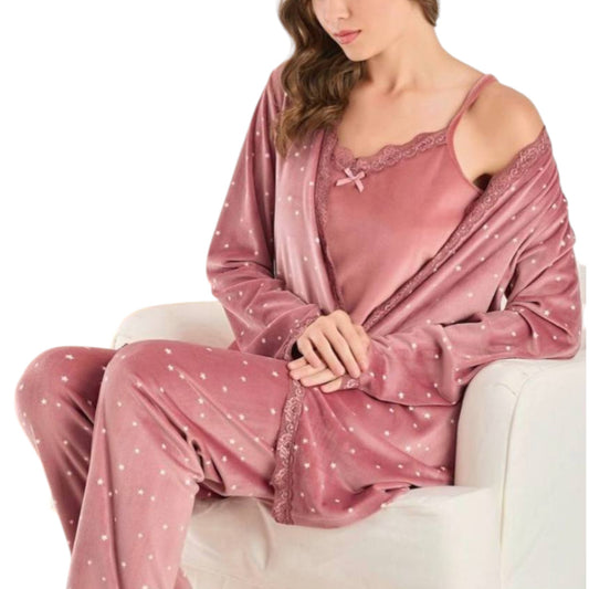 Luxury Velvet Pajama Set with Lace Trim – 3 Piece Loungewear for Women