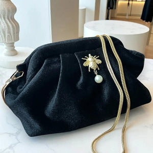 Black Velvet Clutch | Gold Bee Embellishment & Pearl Accent | Chain Strap Bag by Glam Duchess (black-velvet-clutch-with-gold-fish-accent-chain-strap-copy)