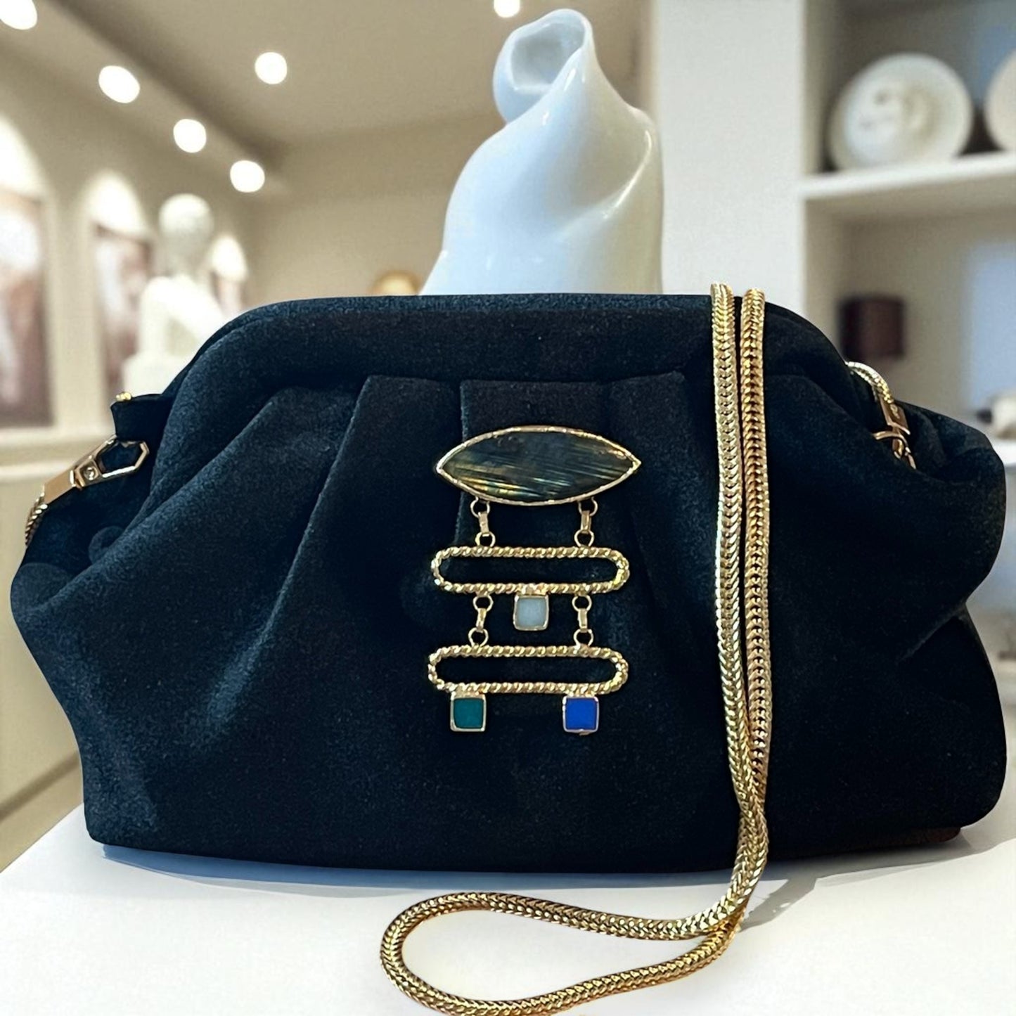 Velvet Black Evening Clutch with Gold Chain & Gemstone Accent