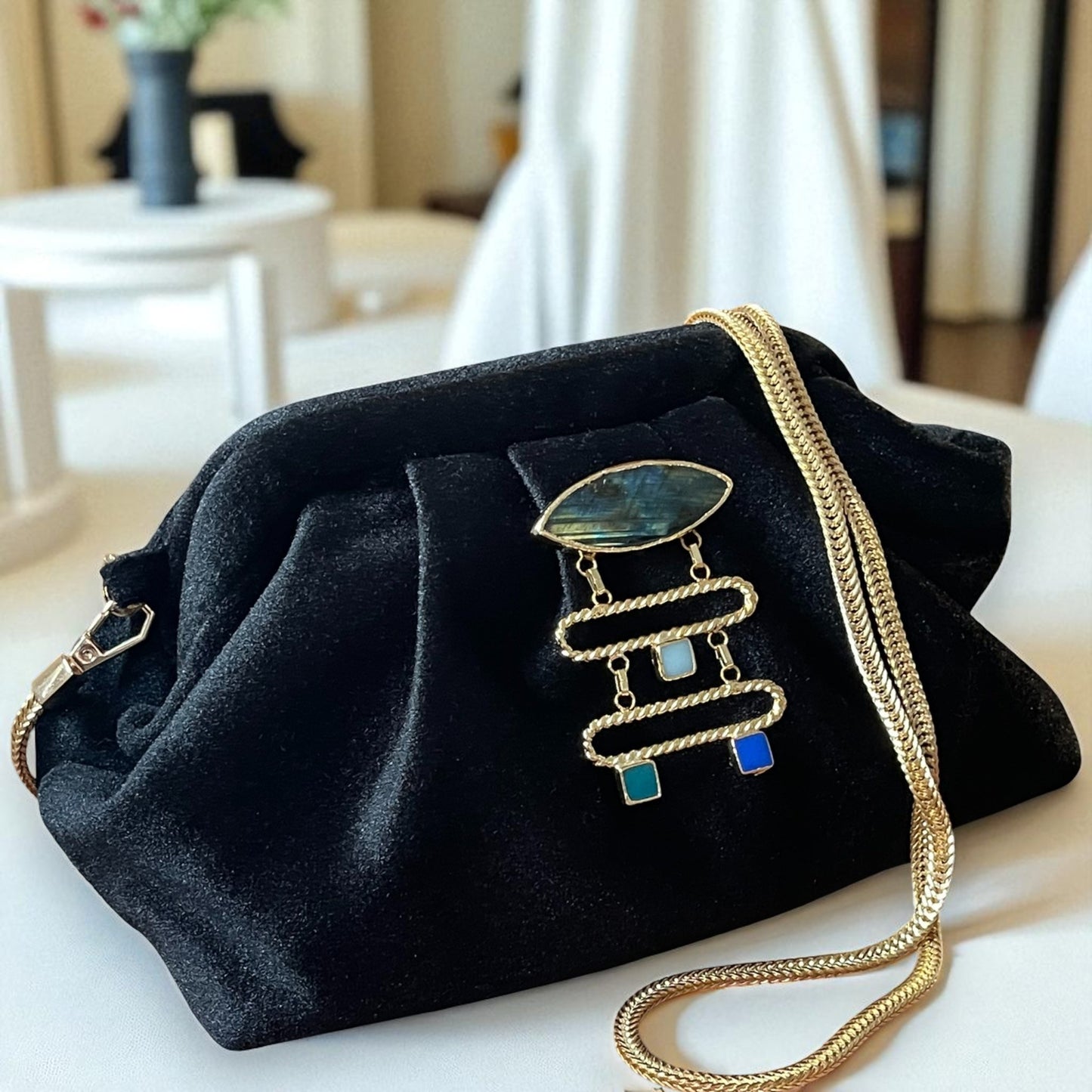 Velvet Black Evening Clutch with Gold Chain & Gemstone Accent
