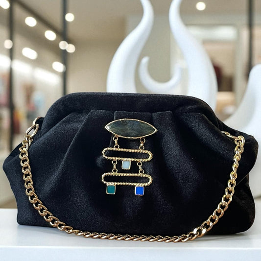Velvet Black Evening Clutch with Gold Chain & Gemstone Accent