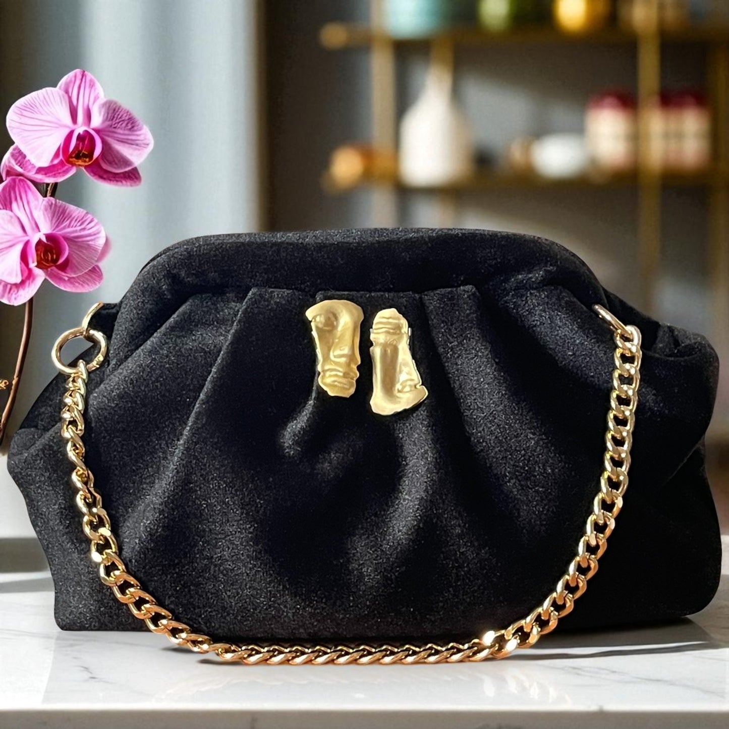 Black Velvet Clutch with Gold Face Accent & Chain Strap