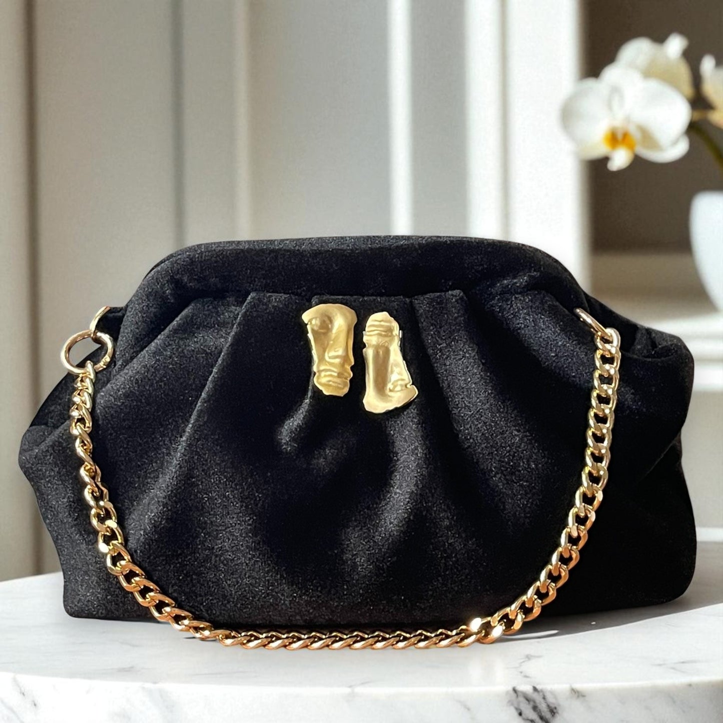 Black Velvet Clutch with Gold Face Accent & Chain Strap