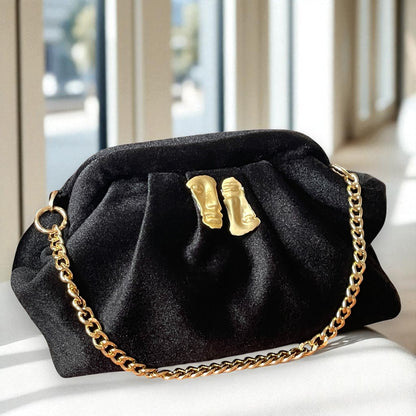Black Velvet Clutch with Gold Face Accent & Chain Strap