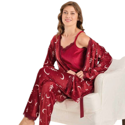 Velvet Pajama Set with Lace Trim – 3 Piece Women’s Loungewear