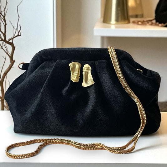 Black Velvet Clutch with Gold Face Accent & Chain Strap