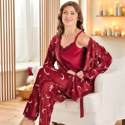 Velvet Pajama Set with Lace Trim – 3 Piece Women’s Loungewear