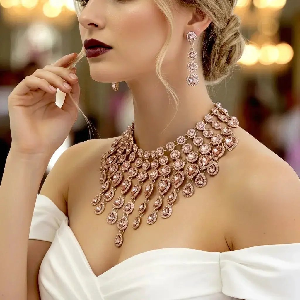 Glam Duchess Rose Gold Statement Necklace Set Turquoise